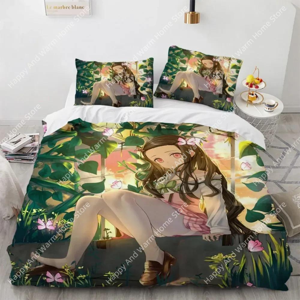 Doppel Einzel Queen King Vollgröße Bettbezug Kamado Nezuko Bettwäsche Sets Anime Demon Slayer Tagesdecke Für Teenager Mädchen Mode