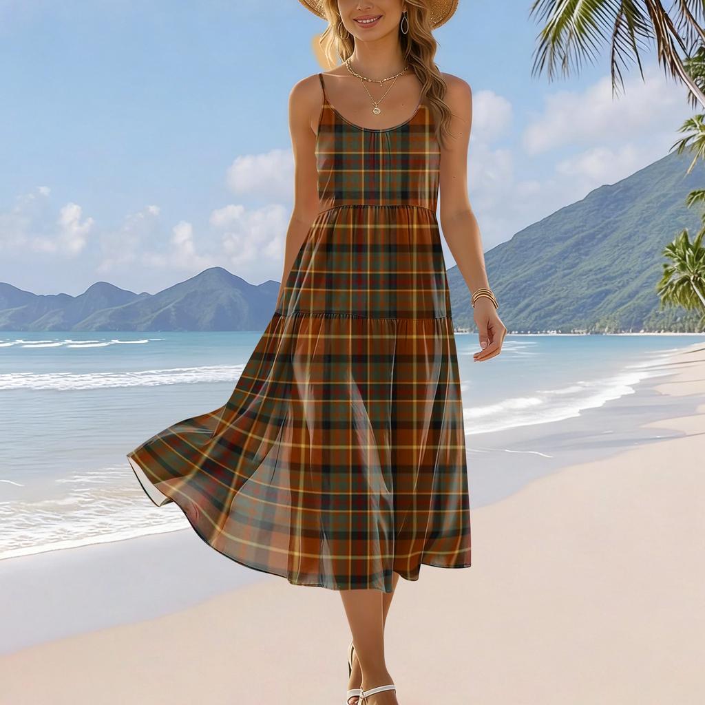 Damen Sommer Karo-Print Verstellbarer Träger Ärmellos Bohemian Lässig Strand Urlaubs Midi-Kleid mit Taschen