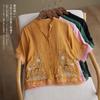 Summer New Cotton and Linen Shirt Short-sleeved Retro Embroidered V-neck Loose and Thin Top Women's Clothing