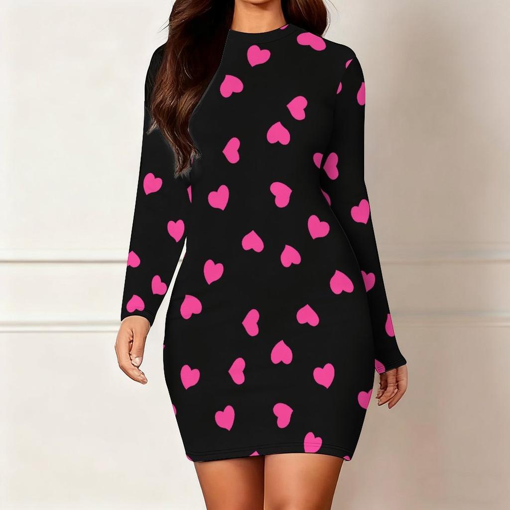 Podzim a zima 2025 Nové dámské módní šaty s 3D potiskem a barvením s motivem srdce, s dlouhým rukávem, kulatým výstřihem, obepínající boky, limitovaná edice ke Dni svatého Valentýna
