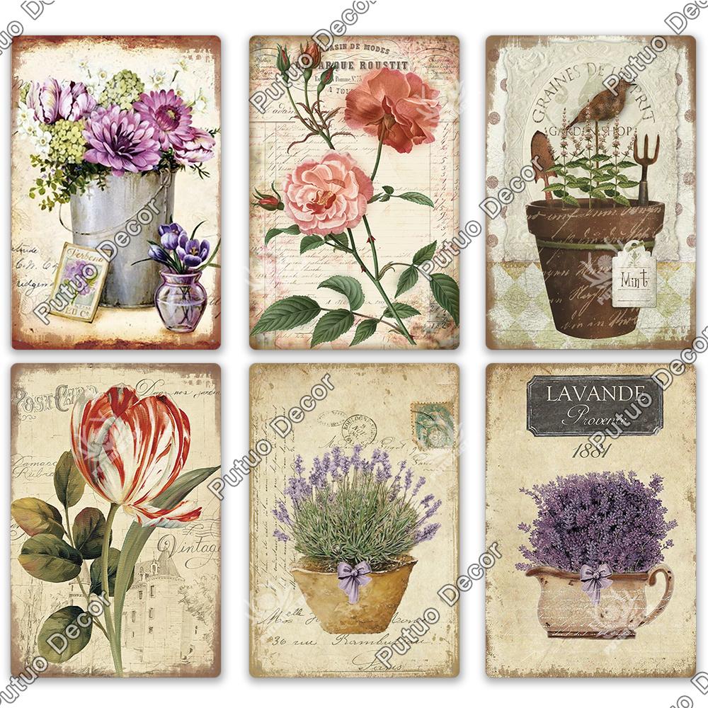 Decor Flower Plaque Metal Vintage Tin Sign Wall Decoration Posters for Home Garden Kitchen Living Room Iron Painting