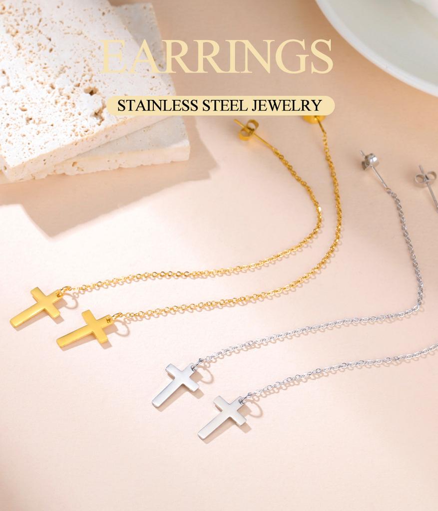 Dawapara Cross Long Earrings for Women Stainless Steel Tassel Earrings Christian Symbol Minimalism Cross Charm Religious Jewelry