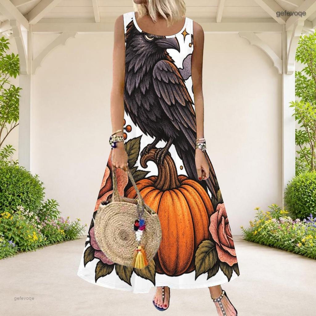 Women Plus Size Scoop Neck Sleeveless A Line Long Dress Halloween Bear Pumpkin Printed