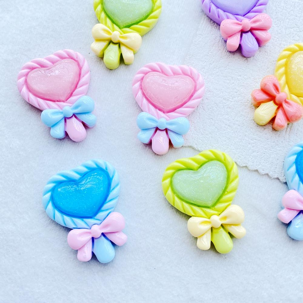 10Pcs New Cute Bow Shaped Heart-shaped Lollipop Flat Back Resin Cabochons Scrapbooking DIY Jewelry Craft Decoration Access