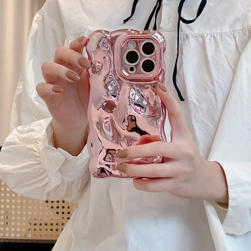 Luxury Plating Wrinkle Wavy Curly Edge Phone Case For 17 16 15 12 13 14 Pro Max 3D Unevenness Camera Protection Cover
