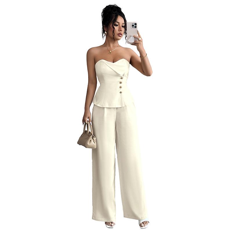 Elegant Summer Strapless Vest Two-Piece Set with Ruched Waist for Women