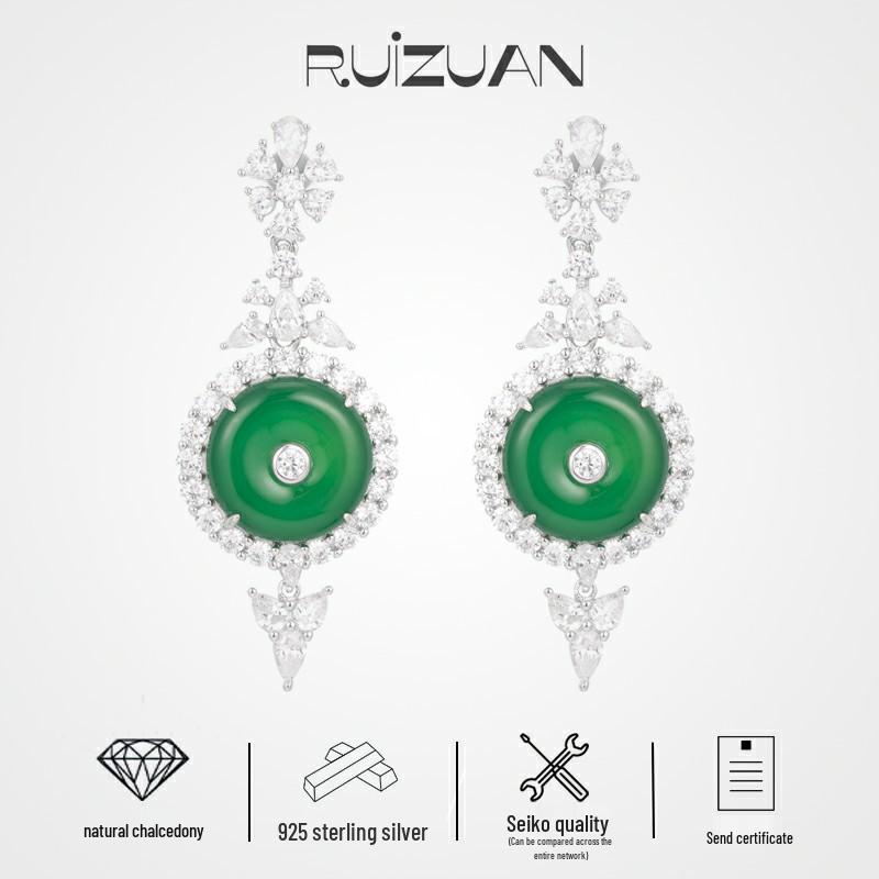 Rui Diamond Jewelry S925 Silver Gold-Plated Green Chalcedony Peace Buckle Earrings - Ideal Gift for Mom