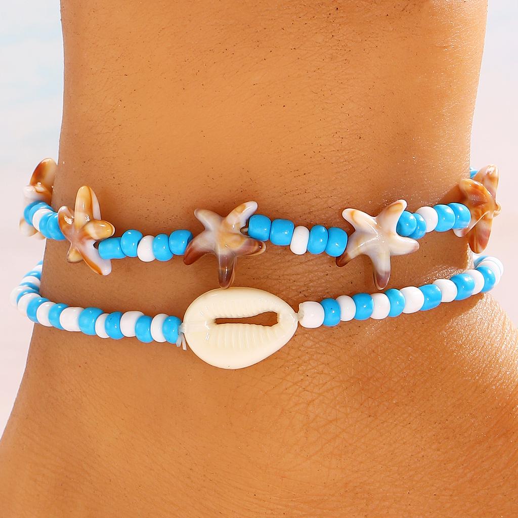 3pcs Set Creative Retro Starfish Conch Imitation Pearl Shell Beaded Stackable Anklets for Women Bohemian Vacation Jewelry Gifts
