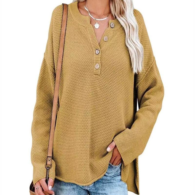 Women S Solid Color Half Open Button Pullover Long Sleeve Sweater
