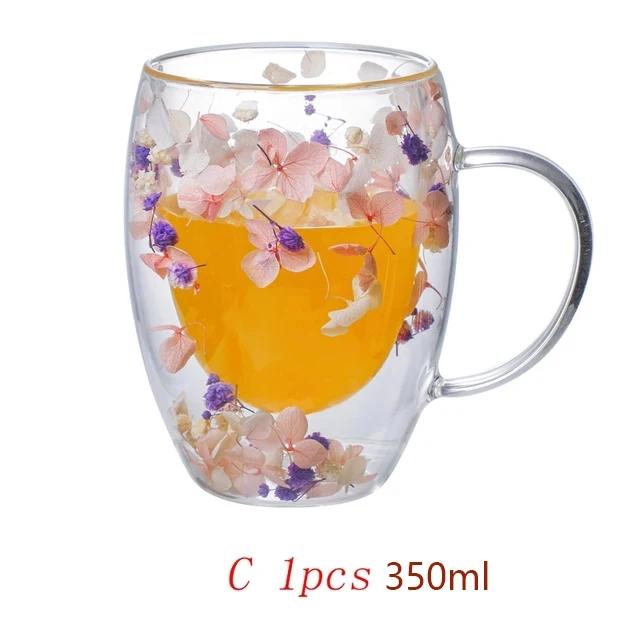 250/350ml Double Wall Coffee Mug With Handles Clear Milk Cups Gifts Glass Cup Fill Artificial Simulation Flowers Teacup
