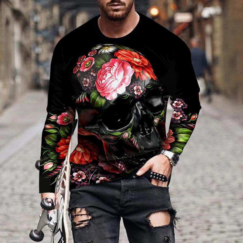 Jarní a podzimní pánská trička s dlouhým rukávem, módní a ležérní, s 3D potiskem vzoru lebky a kulatým výstřihem