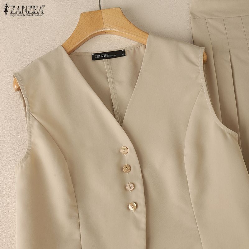ZANZEA Top Gilet Senza Maniche da Donna e Pantaloni a Gamba Larga Set Casual Due Pezzi