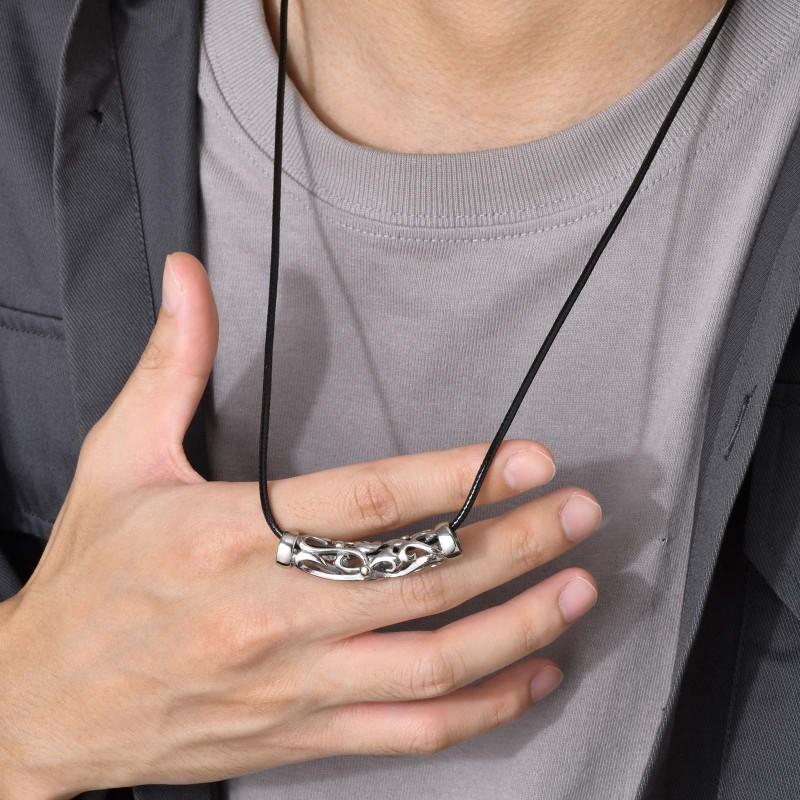 Mens Geometric Titanium Steel Pendant Necklace With Leather Cord Chain Fashionable Minimalist Accessory Casual Office Wear