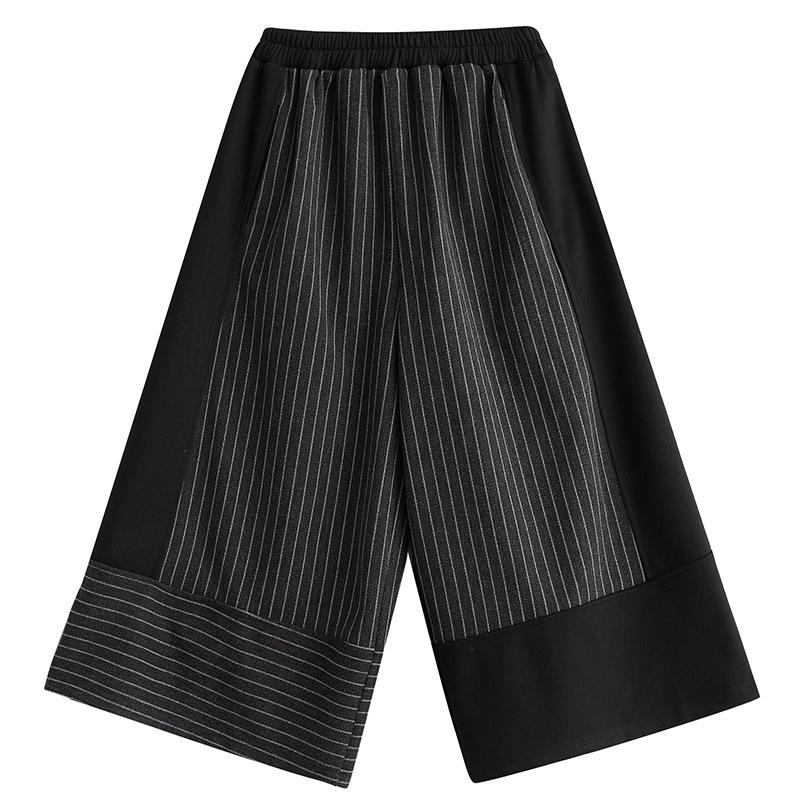 Spring and Autumn Women's Pants Black Casual Pants Fashion Stripe Splicing Plus Size Loose Comfortable Wide Leg Pants