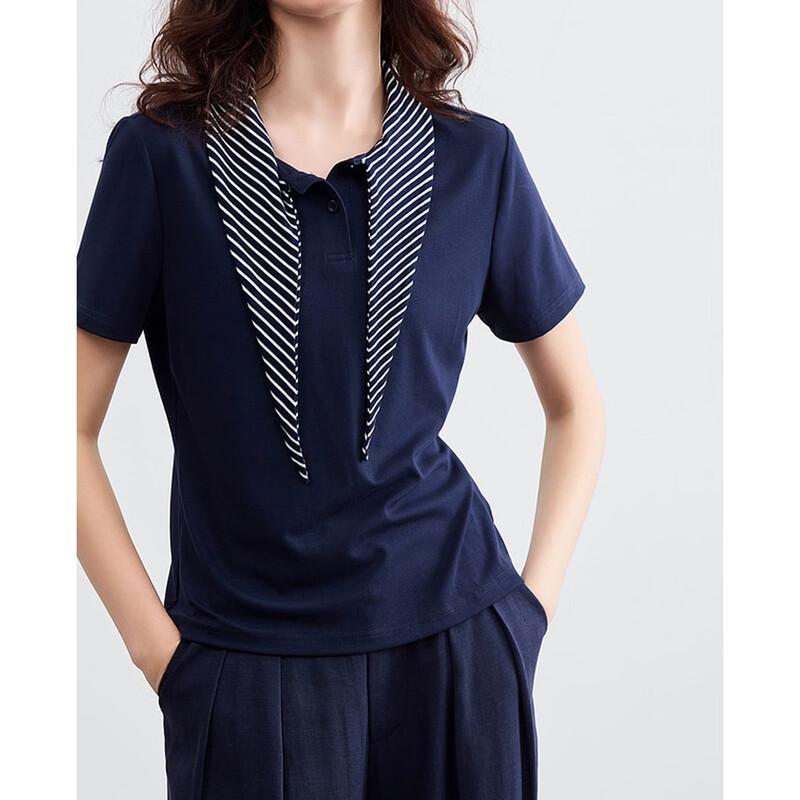 Women s Retro Striped Ribbed Scarf Collar T-shirt L