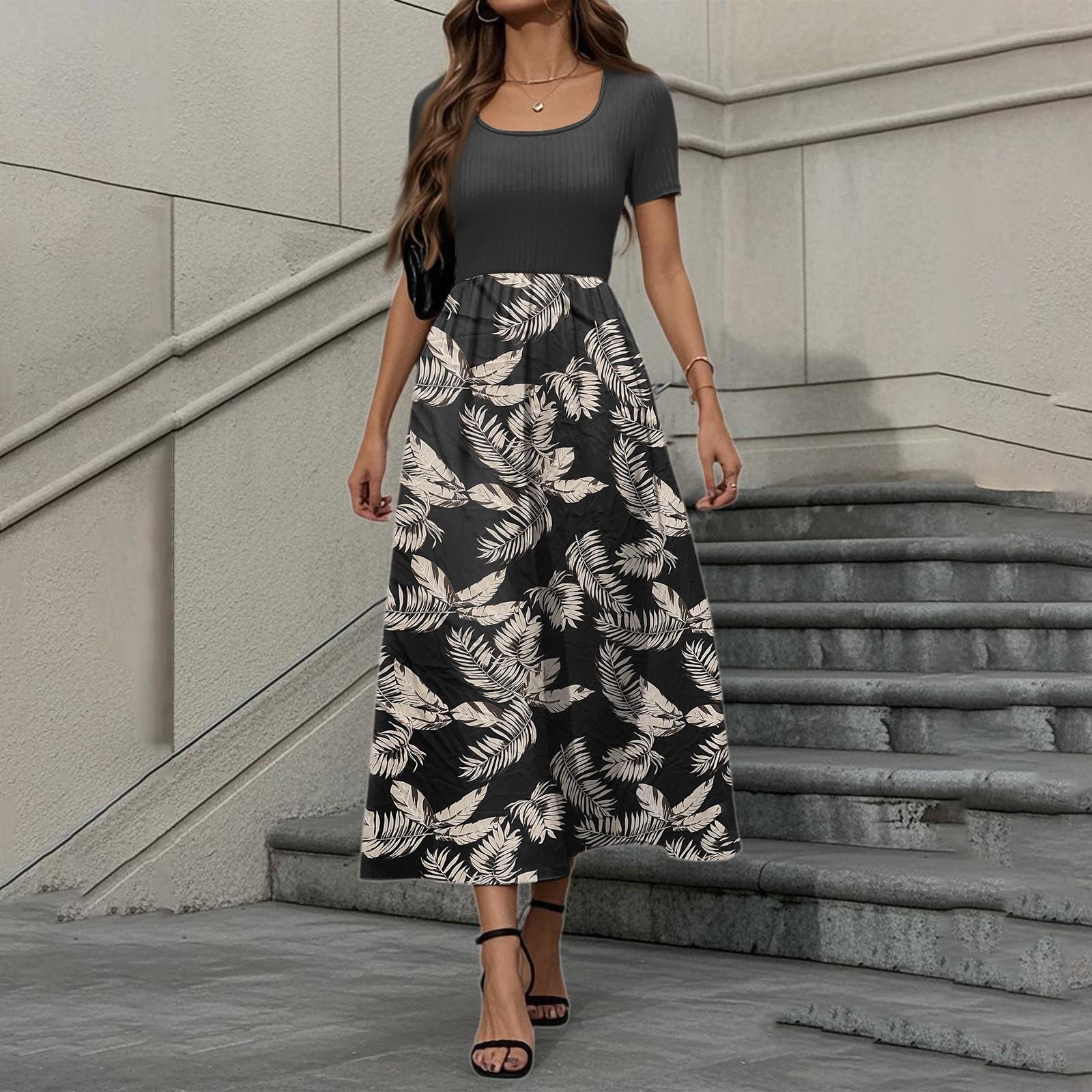 

Women s Fashion Casual Short Sleeve Round Neck Splicing Floral Print Elegant Temperament Dress M