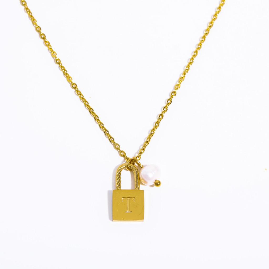 18K Gold Plated Pearl & Stainless Steel Zodiac Lock Pendant Necklace
