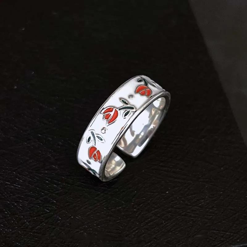 New Vintage Enamel Tulip Flower Rings for Women Fashion Simple Sliver Color Adjustable Opening Finger Ring Party Weeding Jewelry
