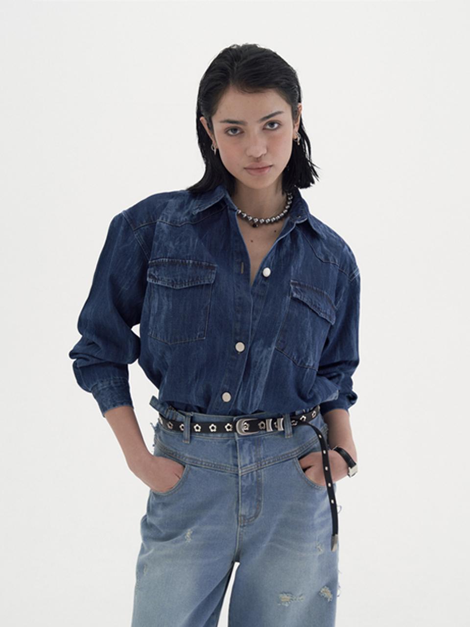 Vivora Western Washed Denim Shirt Blue