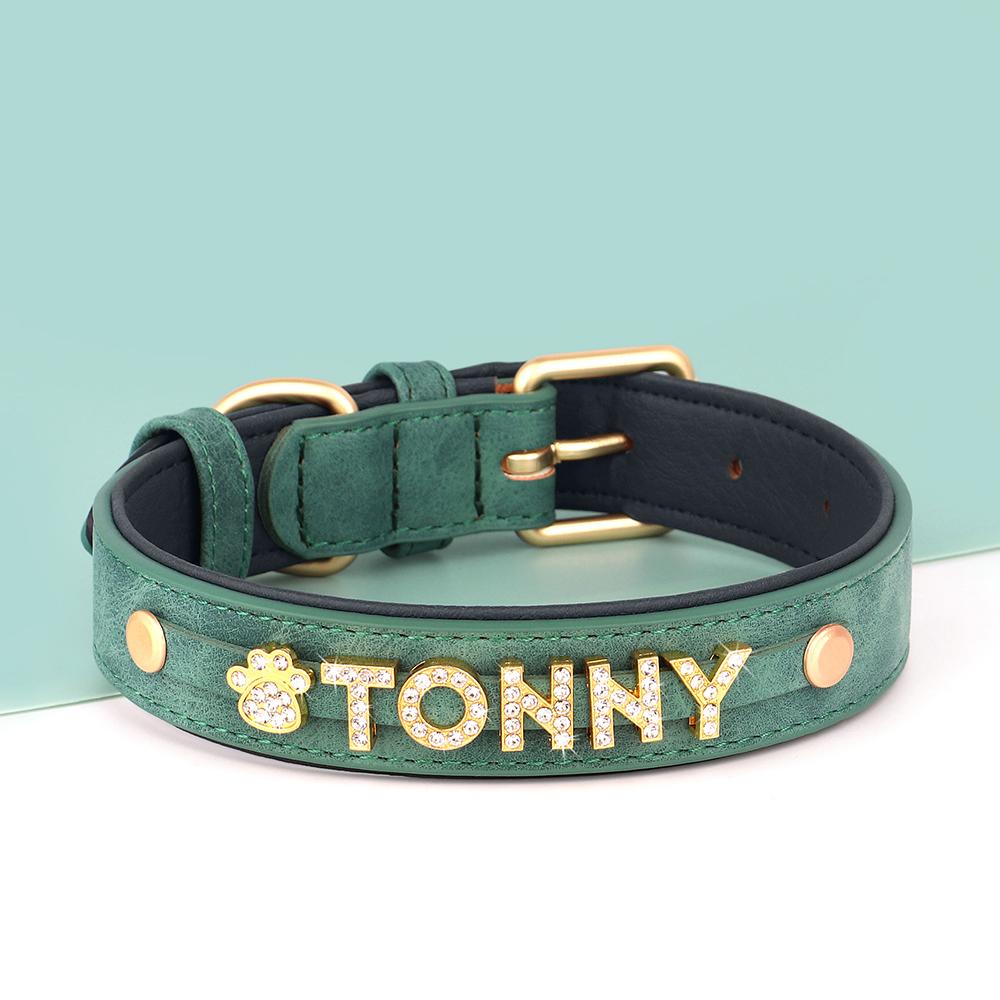 

Personalized Soft Dog Collar PU Leather Puppy Cat ID Collars Free Rhinestone Charm Dog Accessory For Small Medium Dogs Chihuahua S зелёный