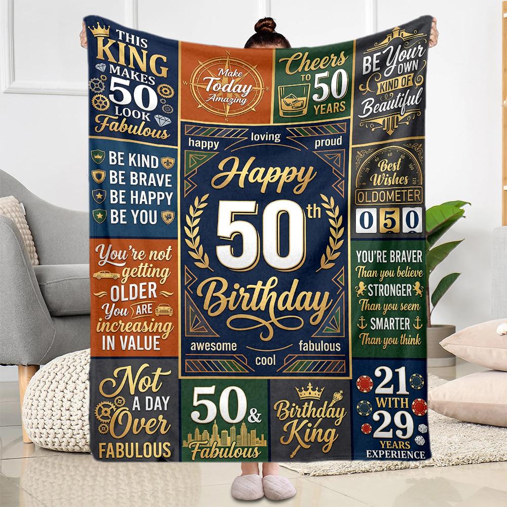Happy 50th Birthday Quotes Blanket Comfortable Perfect for Livingroom Office Chair Bed All-Season Use Modern Style Best Holiday Gift for Friends Famil