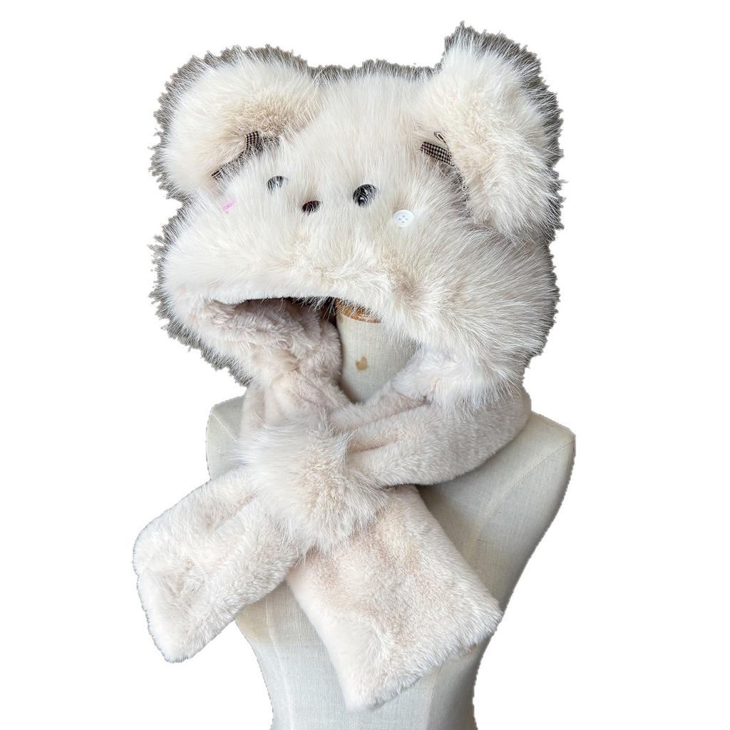 Cute Bear Ears Will Move Plush Hat, Scarf Integrated Women'S Winter Thickened Warm And Cold Ear Protection Lei Feng Hat