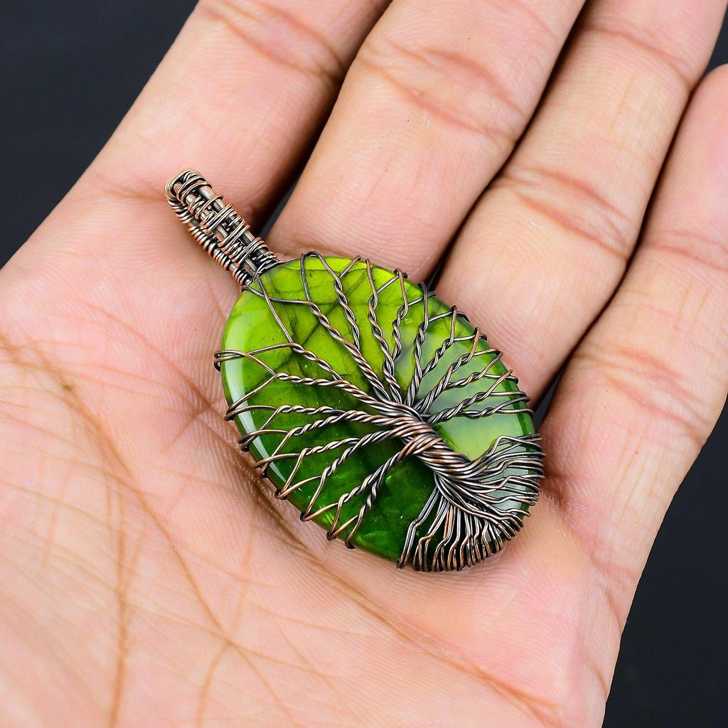 Tree Of Life Green Flash Labradorite Gemstone Pure Copper Wire Wrapped Handmade Pendant Jewelry