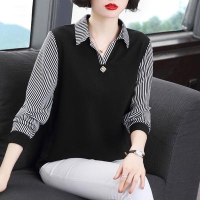 Camicia da mamma in stile occidentale che riduce l'età per mezza età e anziana con colletto polo a contrasto. Top a maniche lunghe da donna