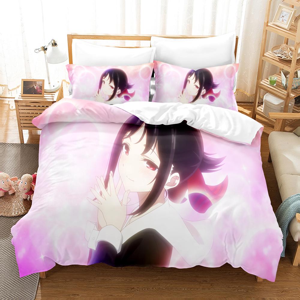Kaguya Sama Love Is War Bettwäsche-Set 3-teilig Kaguya und Miyuki Herzform Roter Hintergrund Anime-Print Bettbezug Alle Größen