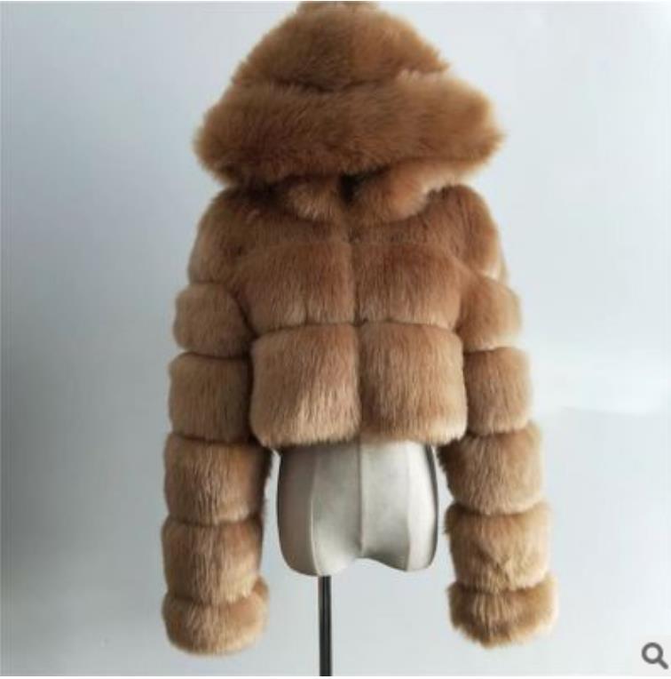 

Пухнасті укорочені штучні хутряні куртки Жіноча пухнаста верхня куртка з капюшоном Коротка зимова хутряна куртка L кавовий