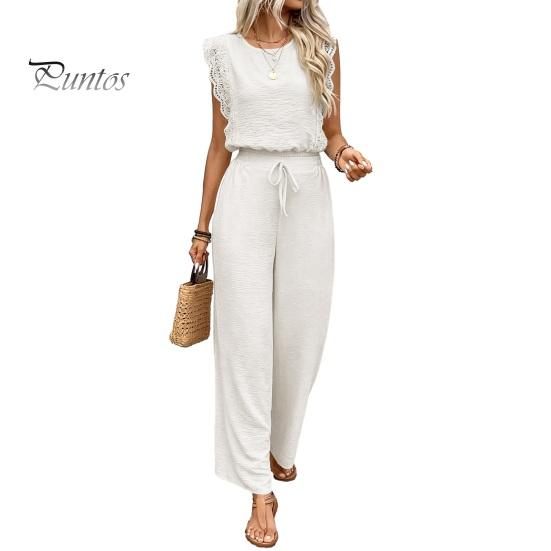 Comfortable Women Outfit Women s Summer 2 Piece Sets, Lace Trim Sleeveless Crew Neck Versatile Top And Wide Leg Pants Casual Travel Vacation L белый
