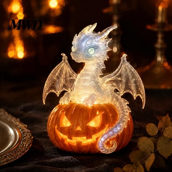 Halloween Party Tischdekoration Kürbis Drachen Statue, LED Leuchtende Harzfigur Beleuchtete Schreibtisch Nachtlampe mit Warmem Licht, Gruselige Fantasy Schreibtisch