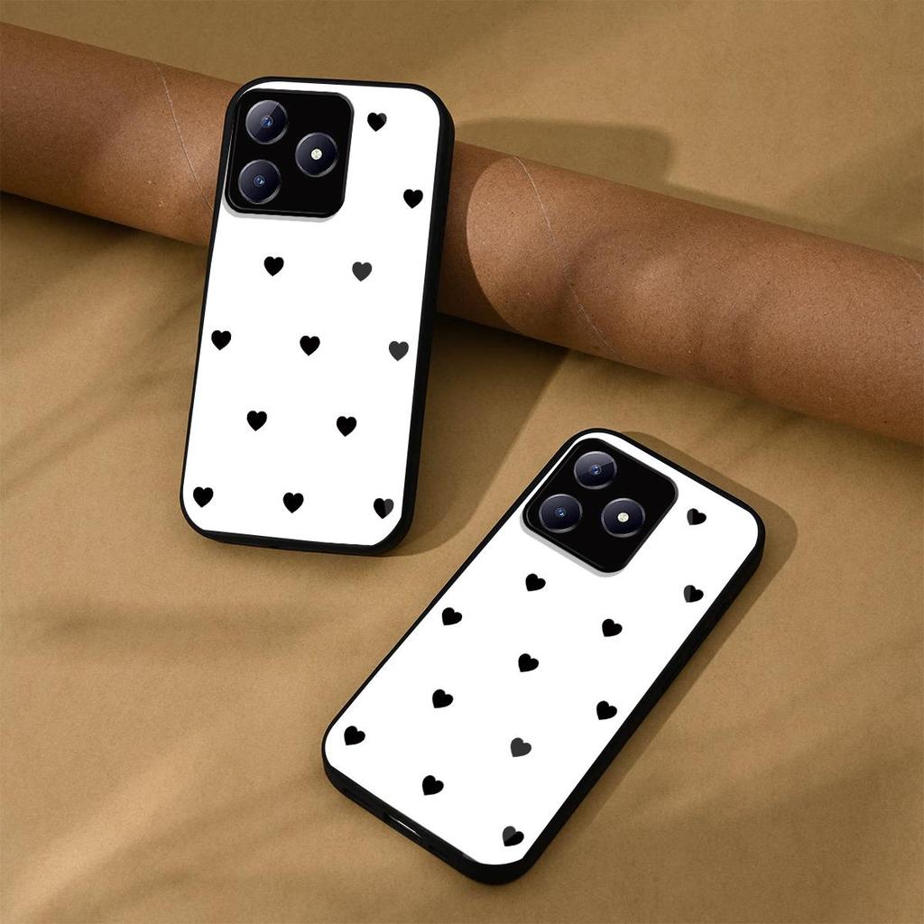 Black Heart Pattern Phone Case for realme C65s C63 C61 Note 60x 60 Acrylic Back TPU Bumper Shockproof Protective Cover, Minimalist Korean Style