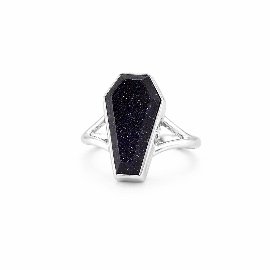 Blue Goldstone Coffin Ring Sterling Silver 925, Sparkly Night Sky Gemstone Ring, Handmade Boho Gothic Statement Ring