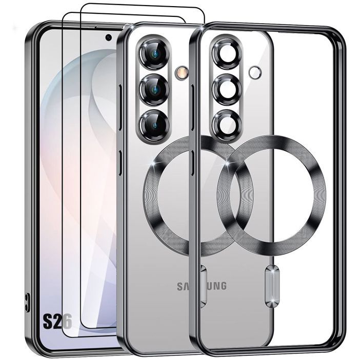 Coque Magnétique - BOOLING - pour Samsung Galaxy S26 - Transparente Contour Noir - 2 Verres Trempés