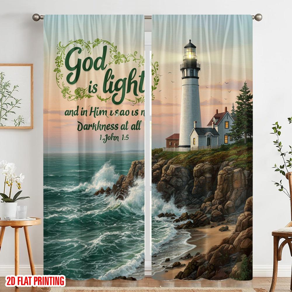 2pcs 2D flat printing Curtain Lighthouse Ocean Wave God Polyester Fabric Without Electricity Festive Curtains Perfect for gold