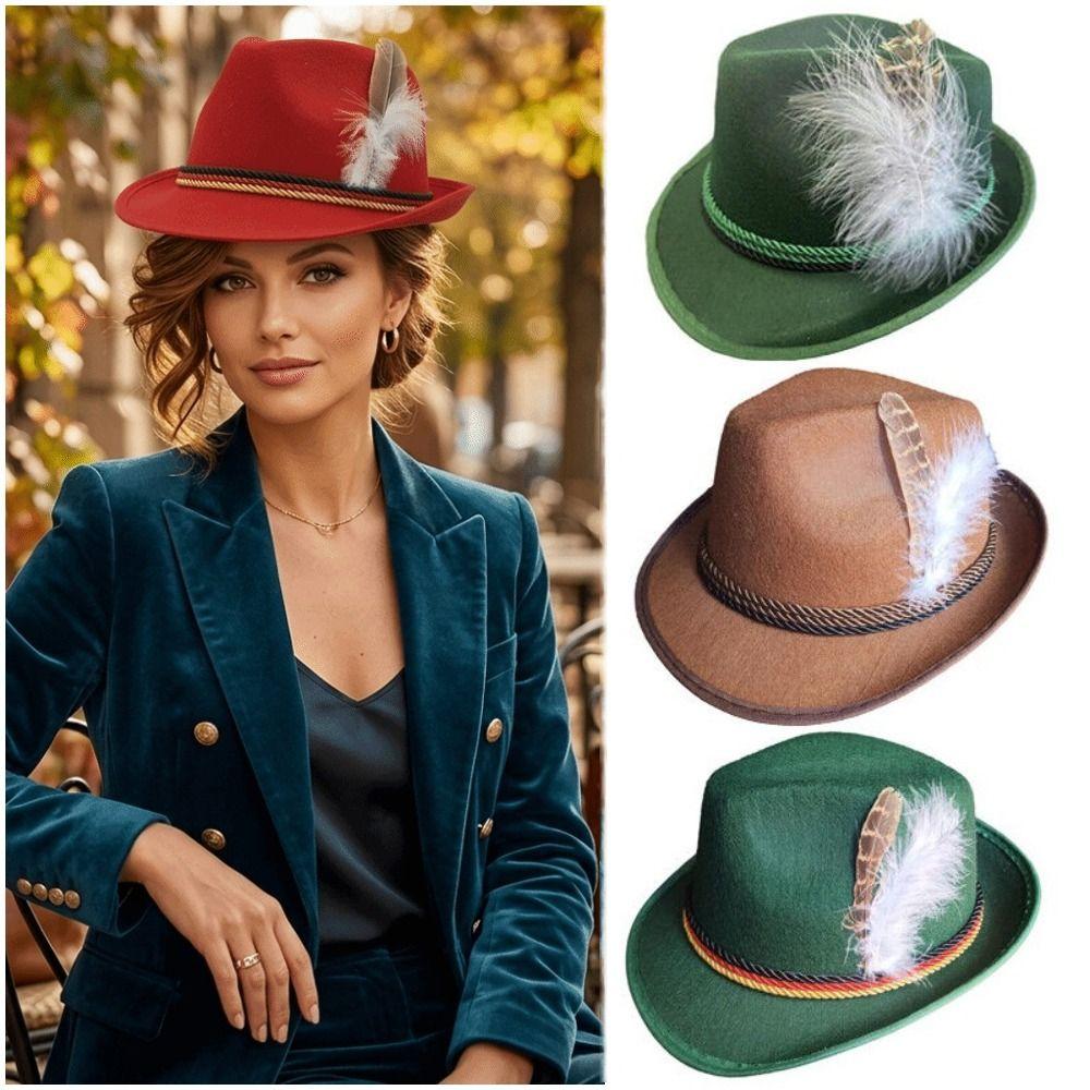 Structured Brim Bavarian Feather Hat Decorative Side Cord Jazz Cap Panama Hat Men Women