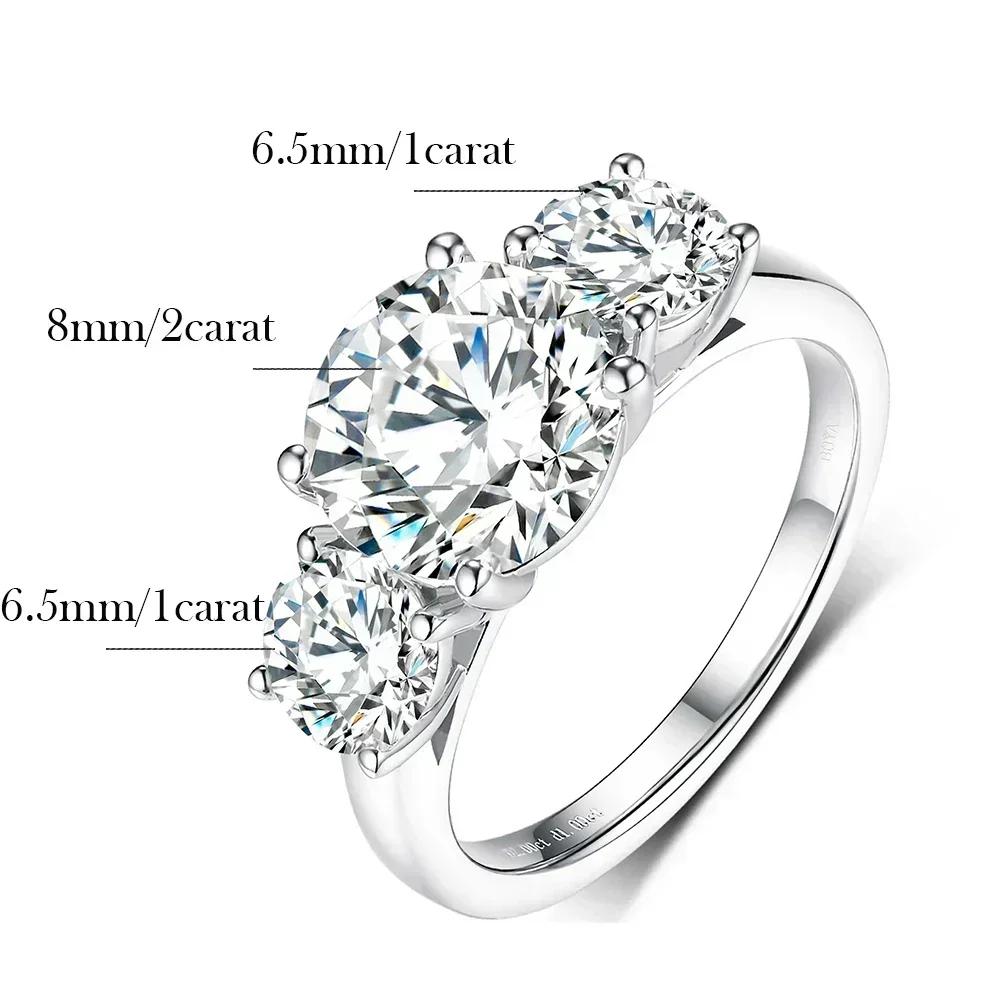 4Carat Moissanite Diamond Engagement Ring with Certificates 925 Silver Three-Stone Wedding Band for Women Fine Jewerlry