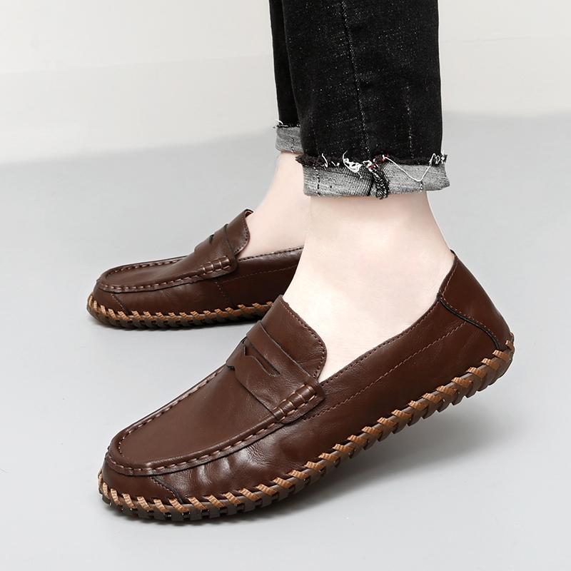 

Мужские коричневые походные туфли, мокасины слипоны, туфли для вождения, повседневные лоферы, ручная работа, кожаные, для улицы, черные, широкие, для отца 47 коричневый