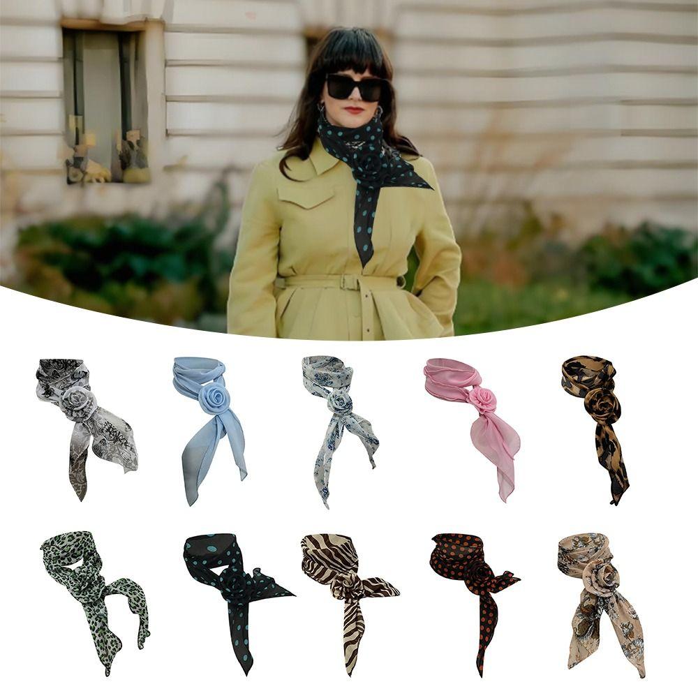 Detachable Silk Scarf Thin Floral Chiffon Scarves Fashion Neck Cover  For Women Lady Girls Female