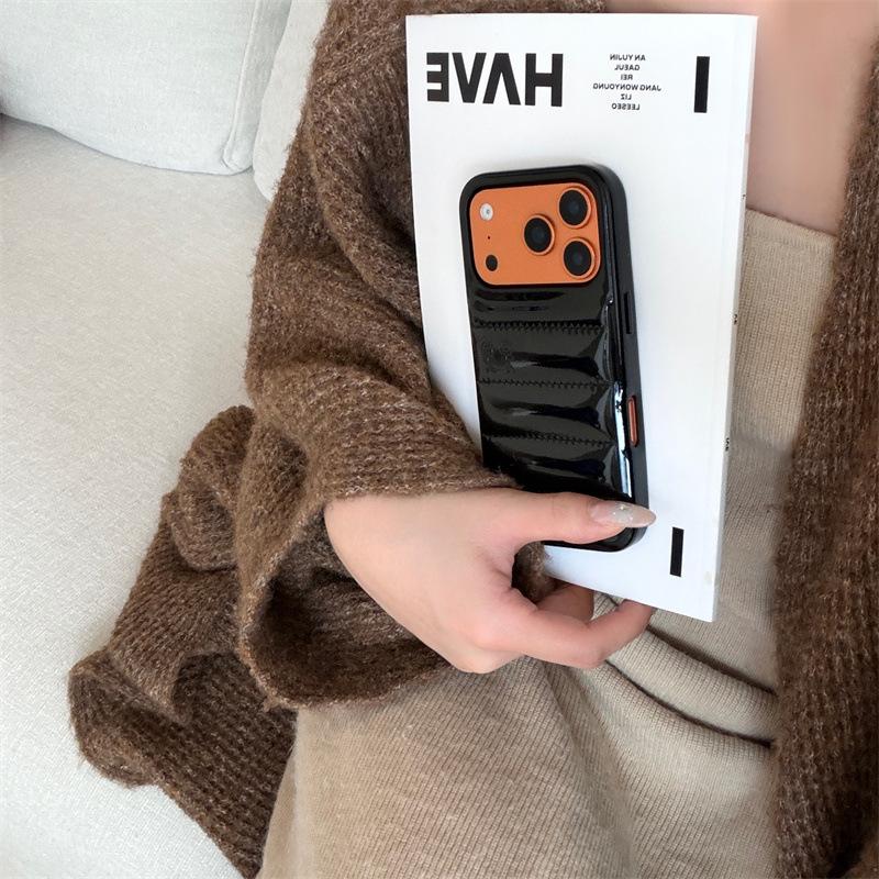 Jednobarevná kožená péřová bunda Pouzdro na telefon proti pádu pro iPhone 14/13/Apple 17/16/15 Pro Max