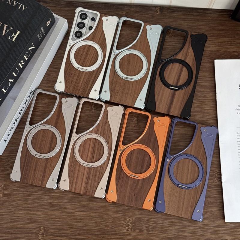 Walnut Wood Metal Frameless Magnetic Stand Case S26 Ultra S25 S24 S23