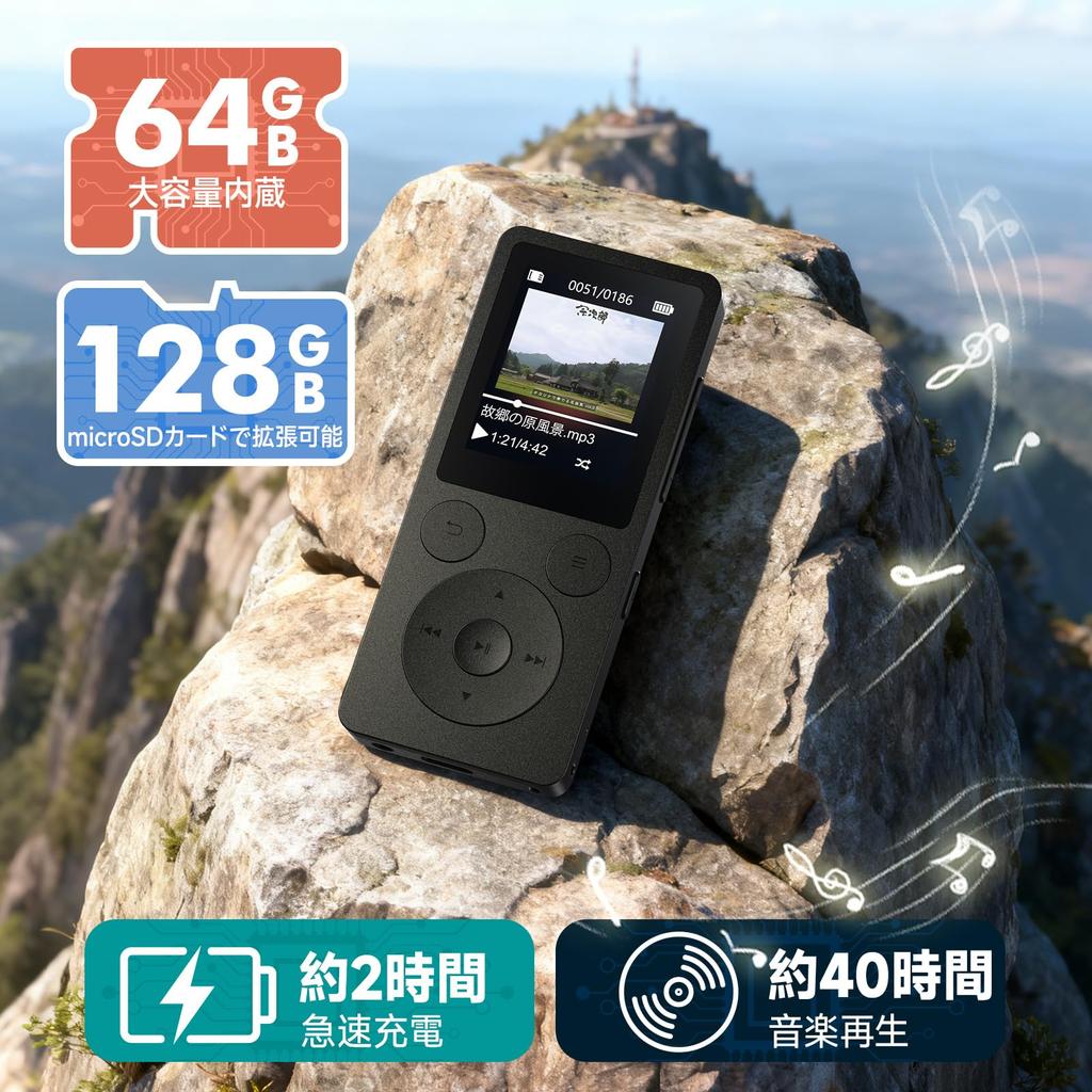 ODEJOI 64GB MP3-Player mit Bluetooth-Autolautsprecher Digitaler Audioplayer mit UKW-Stimme und Audio HIFI-Klangqualität Physische Wiedergabe fortsetzen Lesezeichen