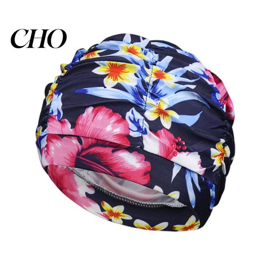 Soft Swim Cap Cloth Swimming Pool for Women, Breathable Colorful Ruffle Women Cap, Elastic Ear Protection Short Long Hair Bathing Hat Fashion Print