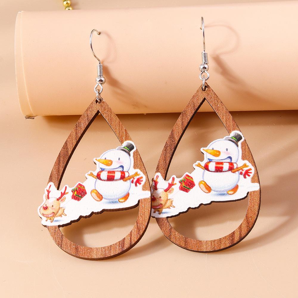 

Зарубежные полые деревянные рождественские серьги-подвески в форме капли с оленем и снеговиком