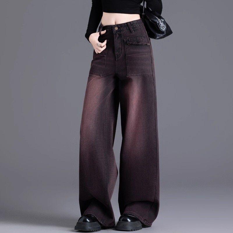 Women s Red & Black Fleece-Lined High-Waisted Wide-Leg Denim Pants (2025 Autumn/Winter Collection) S