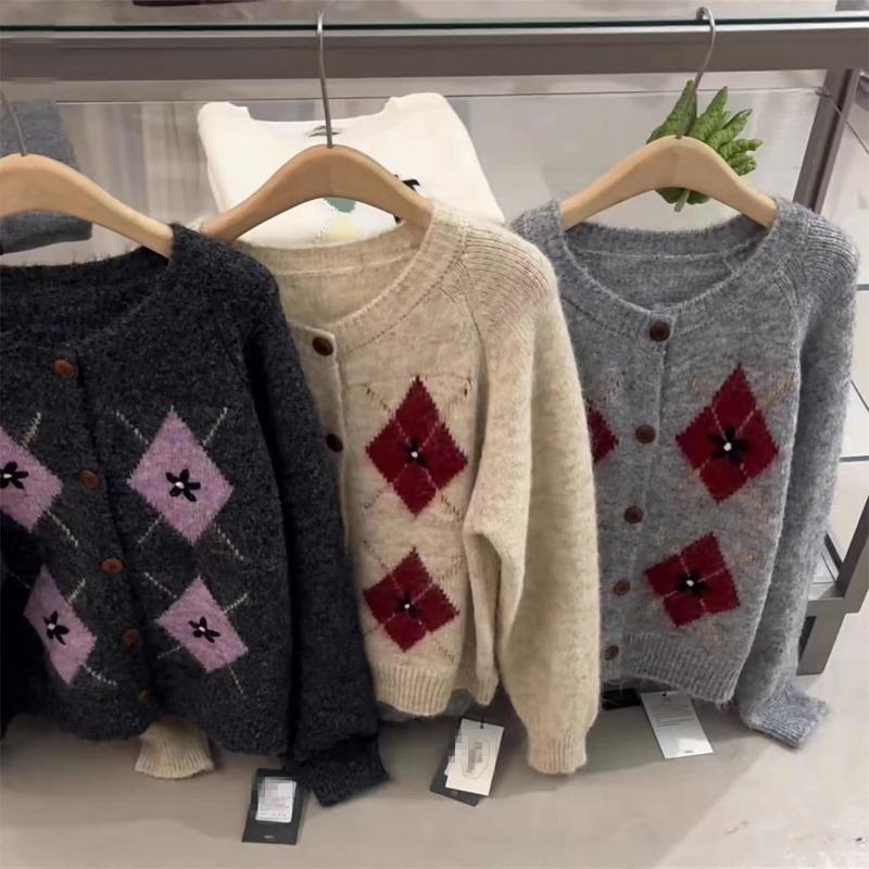 Autumn and Winter New Design Sense Geometric Contrasting Color Rhombus Crew Neck Single-breasted Cardigan Long Camel Hair Knitted Jacket