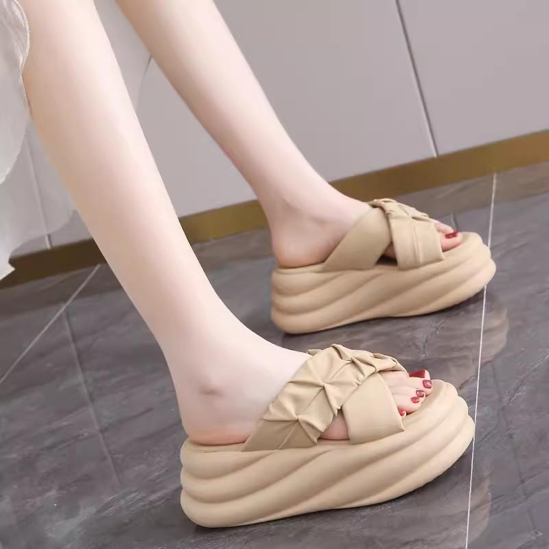 fashion 7CM Heels Chunky Slippers for Women Open Toe High Platform Leather Sandals Woman 2024 New Summer Thick Bottom Beach Flip Flops