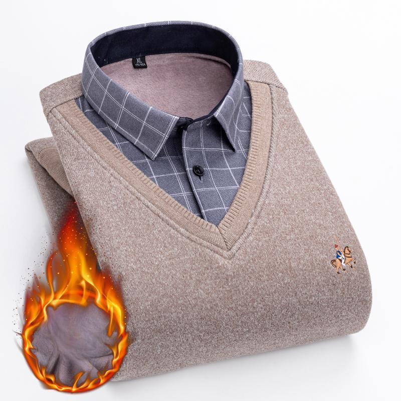 Men's Long-sleeved Pullover Embroidered Sweater Plush Thickened Thermal Casual Knitted Sweater Shirt