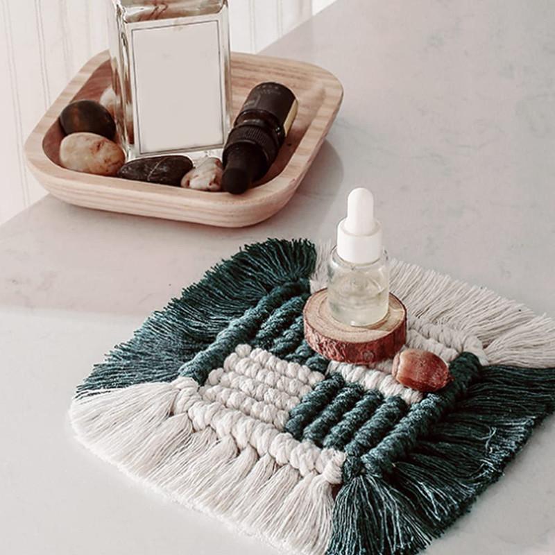 Handwoven Cotton Rope Heat Resistant Square Placemat with Fringe Decorative Table Pad for Hot Cups Plates and Coffee Mugs
